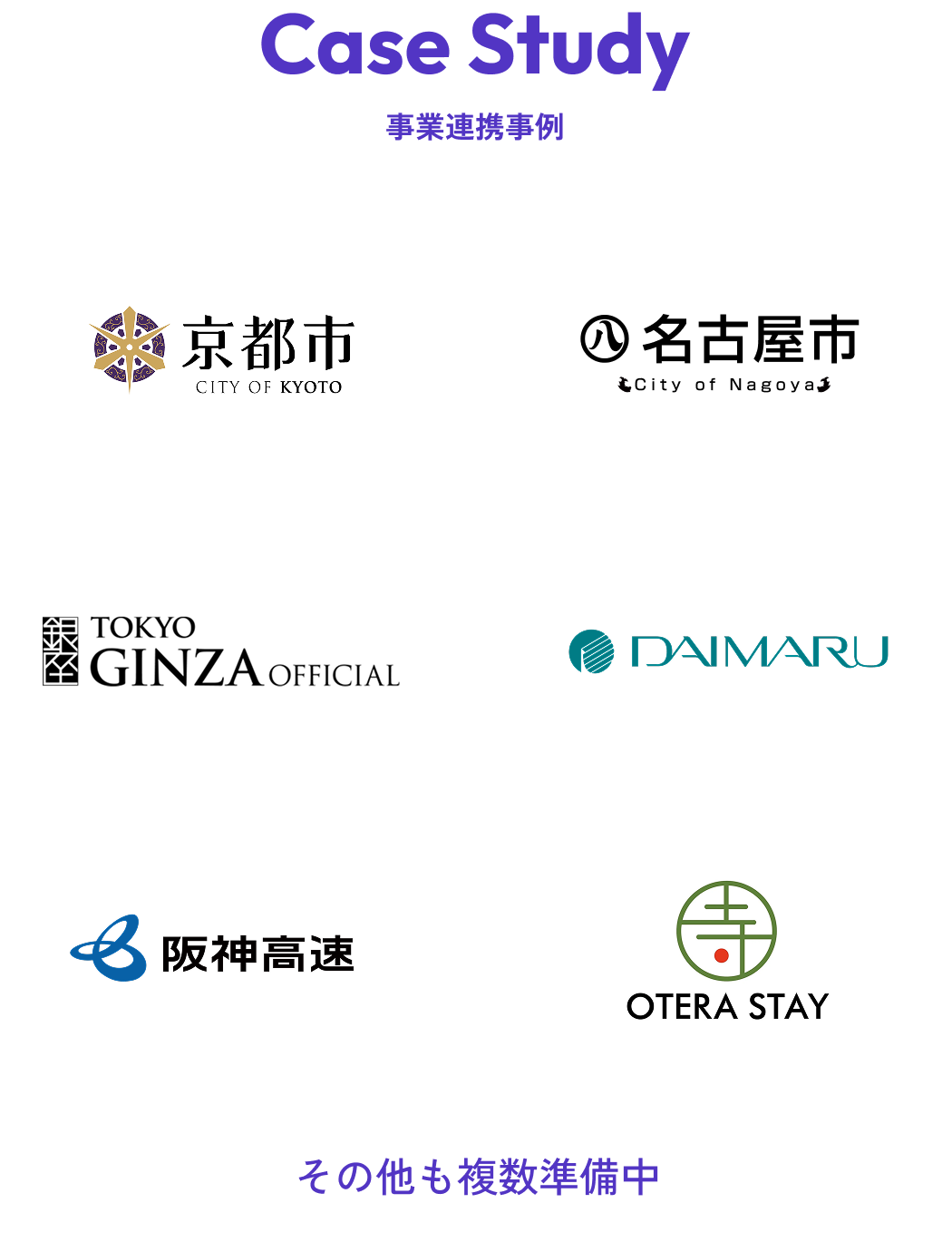 Case Study 事業連携事例 京都市 CITY OF KYOTO、名古屋市 City of Nagoya、銀座 TOKYO GINZA OFFICIAL、DAIMARU、阪神高速、OTERA STAY、その他も複数準備中